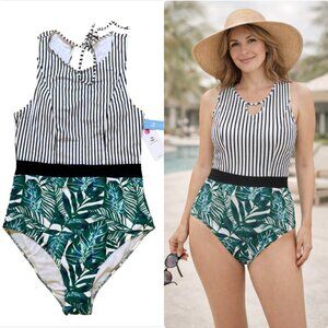 CUPSHE Striped Tropical One Piece Swimsuit Size L New With Tags